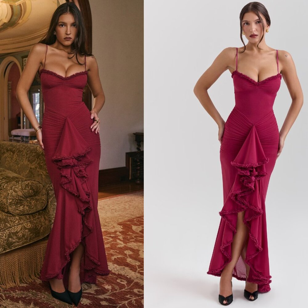 House of CB 'Gabbi' Wine Front Ruffle Maxi Dres NWOT
